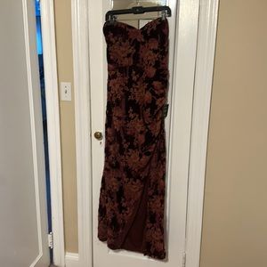 Lulu’s Exquisite Wine Red Floral Burnout Velvet Strapless Maxi Dress